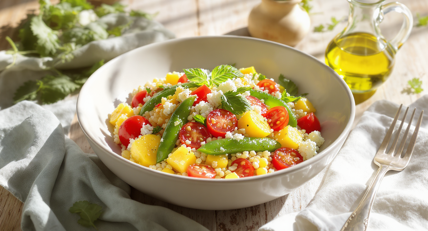 Summer Farro Bowl with Farmers Market Vegetables & Goat Cheese