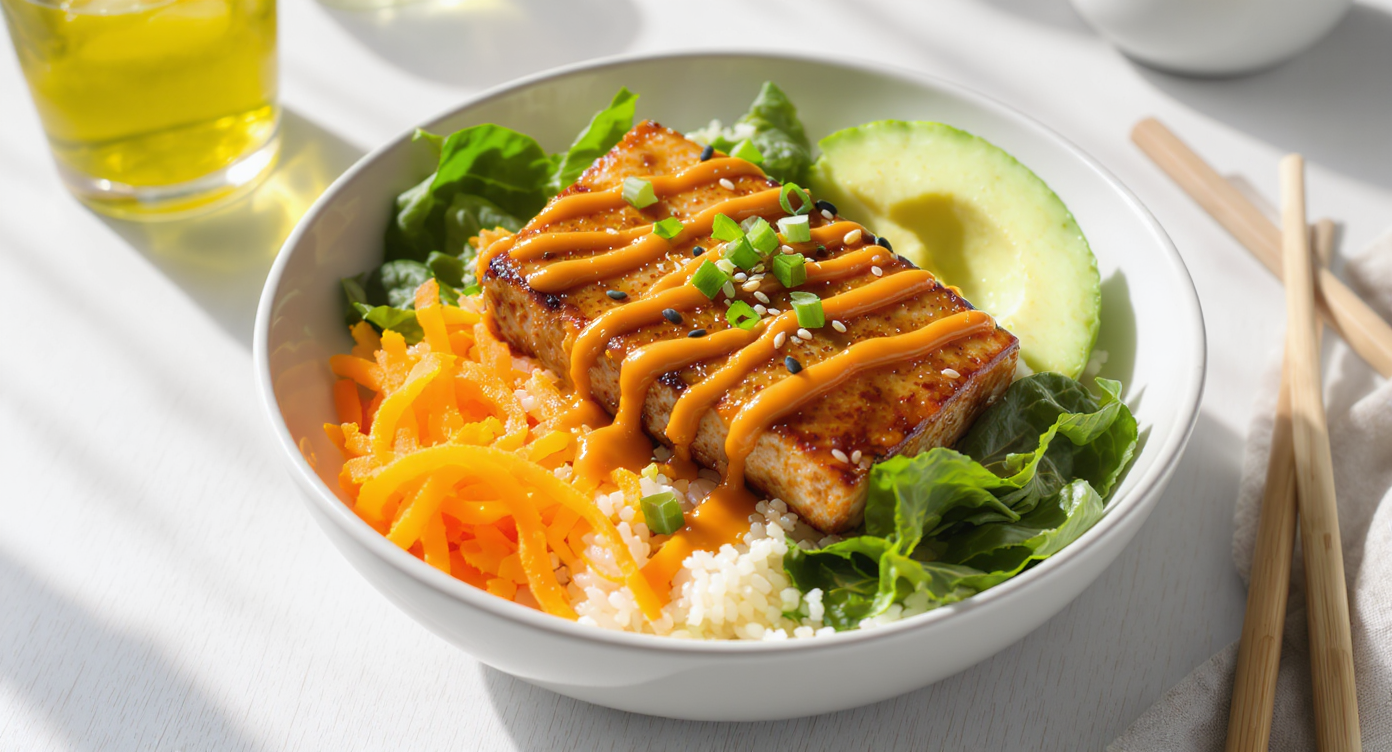 Single Serving Soy Glazed Tofu Bowl with Spicy Sriracha Vegan Mayo Drizzle