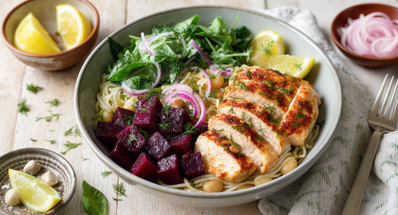Soba Noodle Bowl with Roasted Beets, White Beans, Dill & Chicken