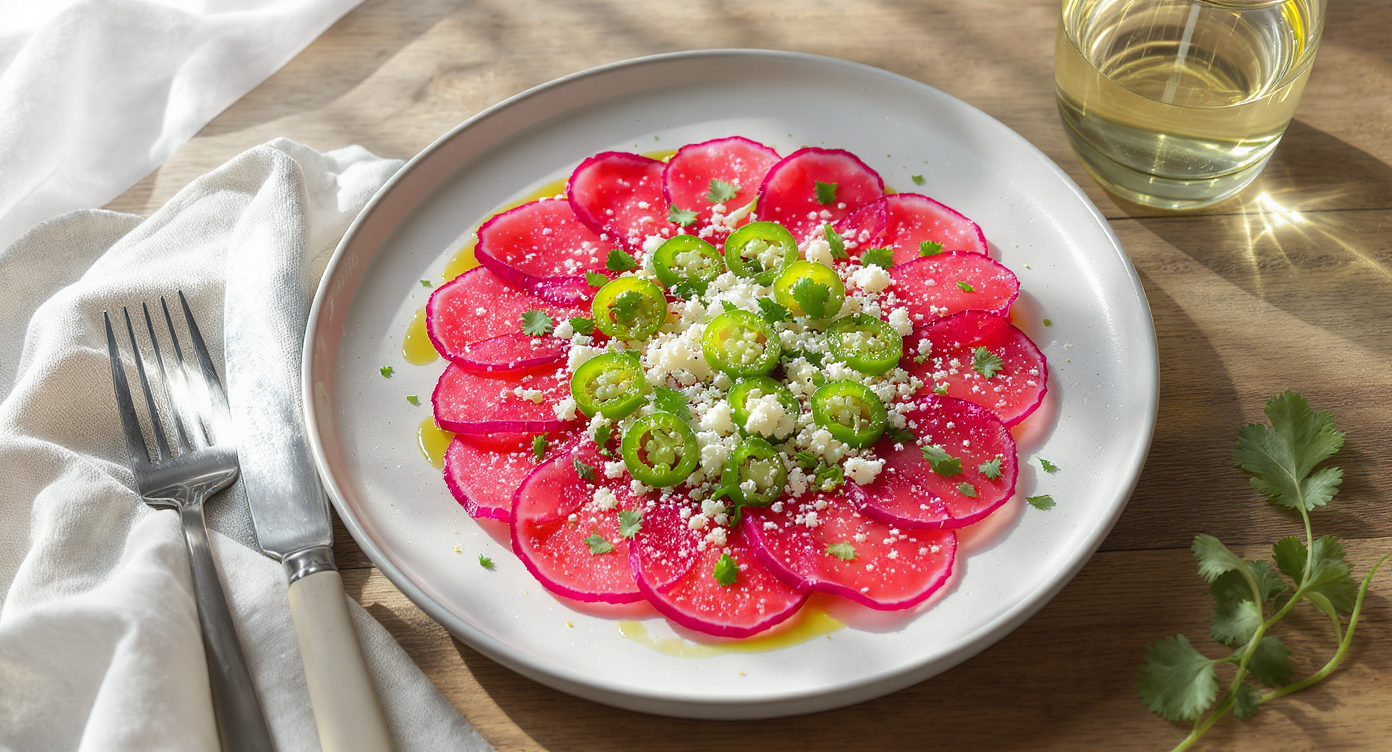 Watermelon Radish Carpaccio with Cotija & Salsa Verde