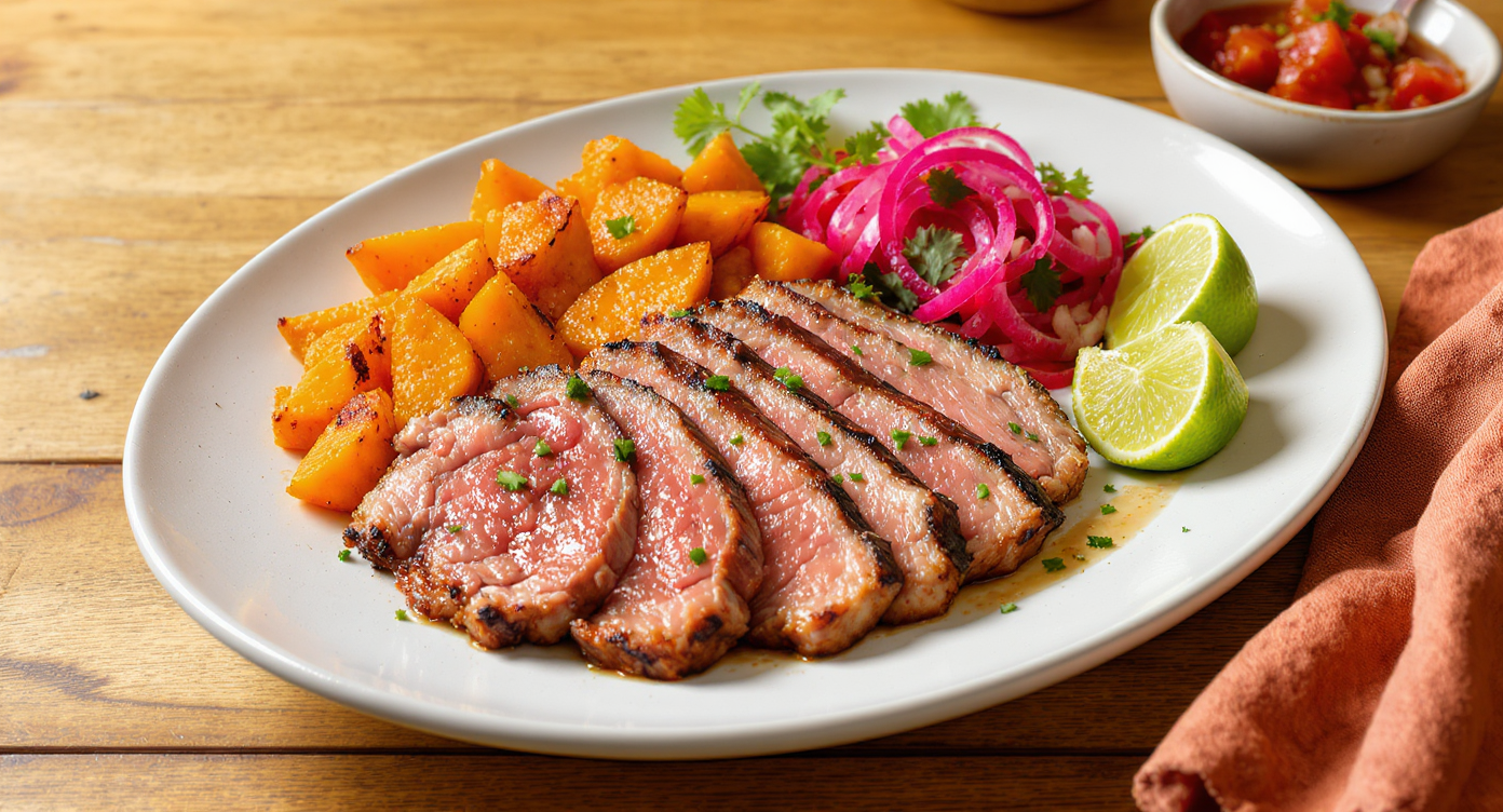 Peruvian-Style Pork Tenderloin with Sweet Potato and Red Onion Salsa