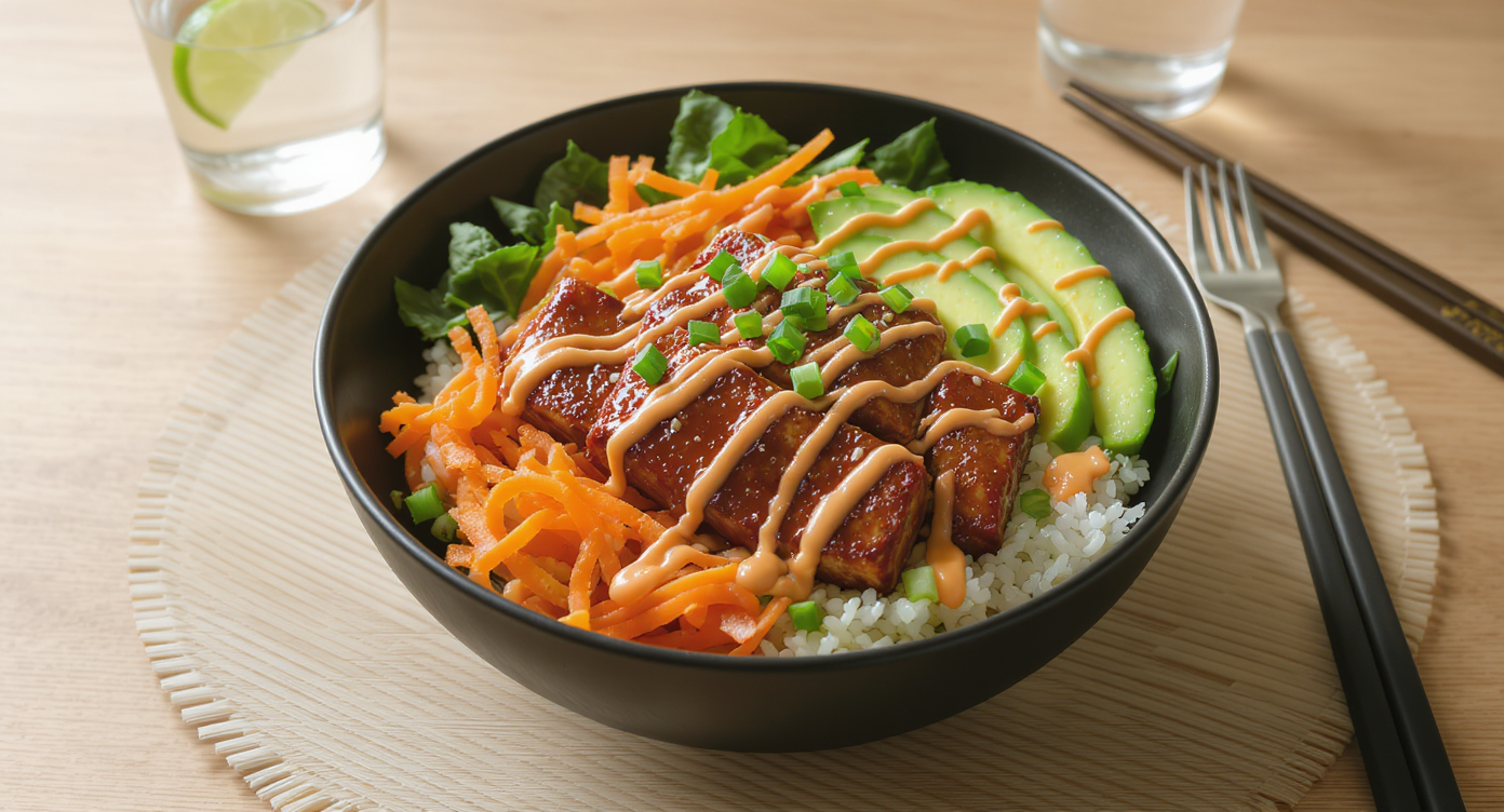 Soy Glazed Tofu Bowl with Spicy Sriracha Vegan Mayo Drizzle