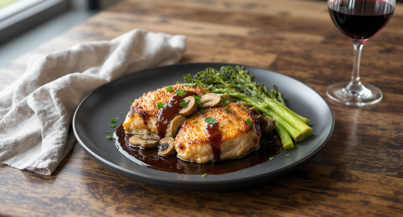 Crispy Herb Chicken Thighs with Mushrooms & Roasted Broccolini (Syrah Pairing)