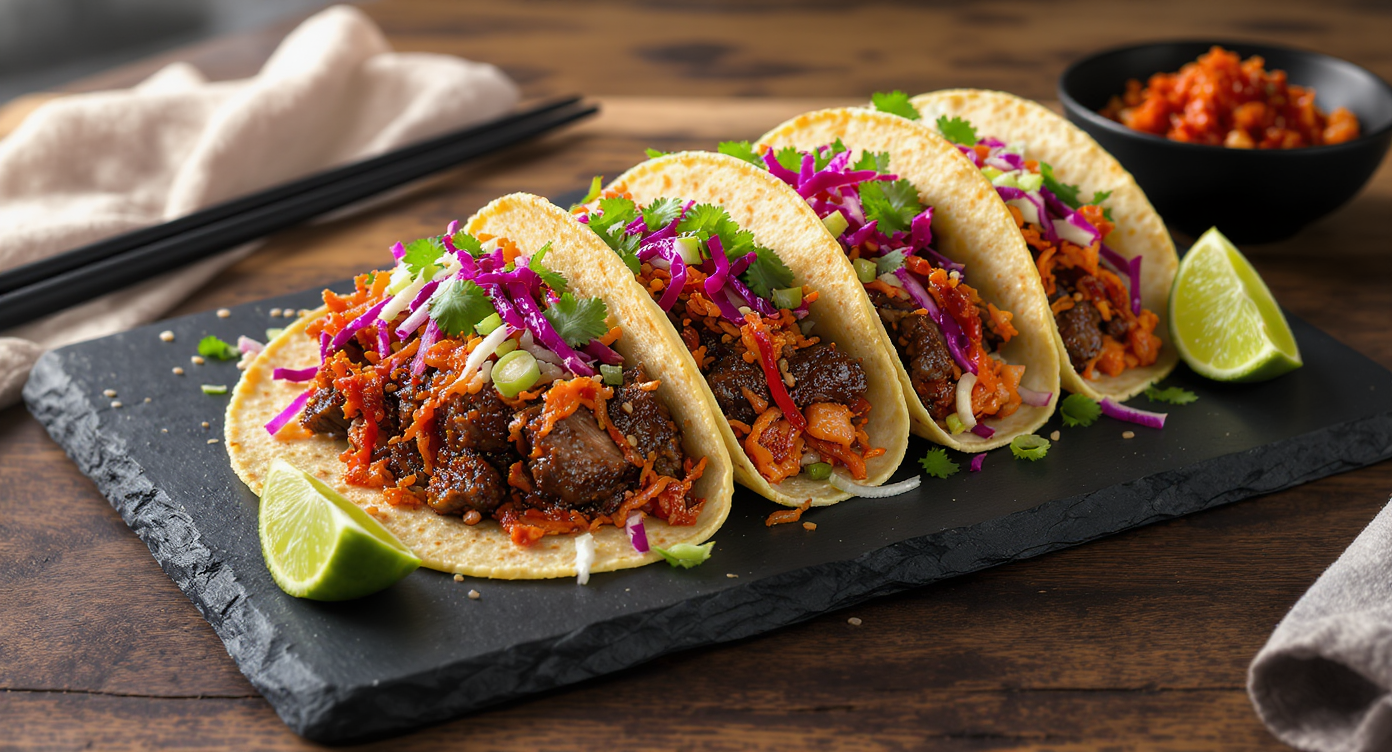 Korean-Mexican Fusion Tacos with Kimchi and Bulgogi