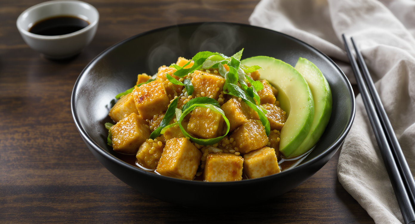 Korean Rice Cake & Garlic Scape Stir-Fry with Tofu and Avocado