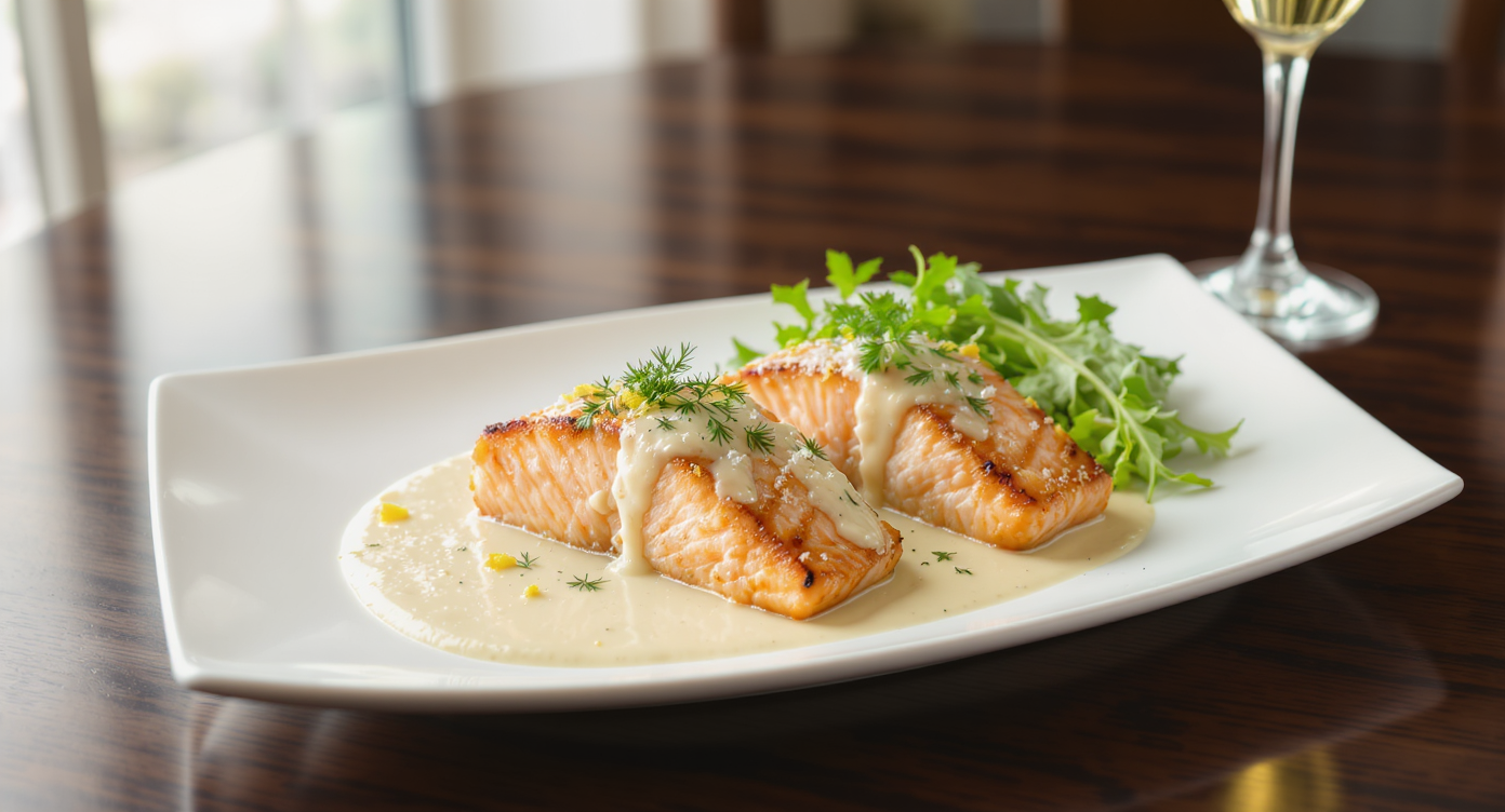 Pan-Seared Salmon with Sparkling Wine Cream Sauce and Arugula