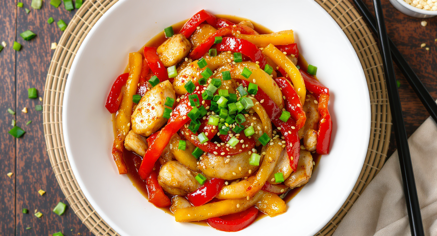 Ginger Chicken Stir Fry with Red Pepper and Onion