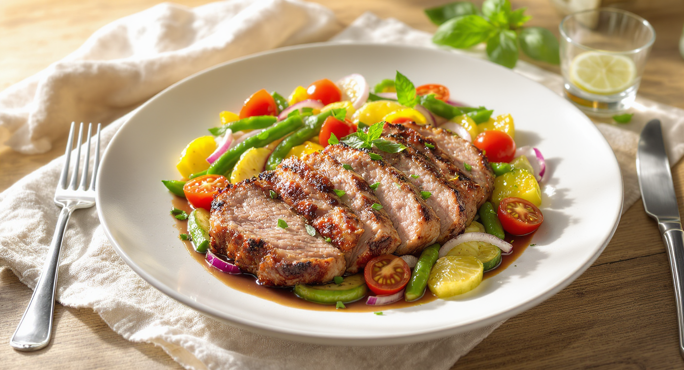 Summer Pork Tenderloin with Roasted Veggies & Basil-Lemon Drizzle
