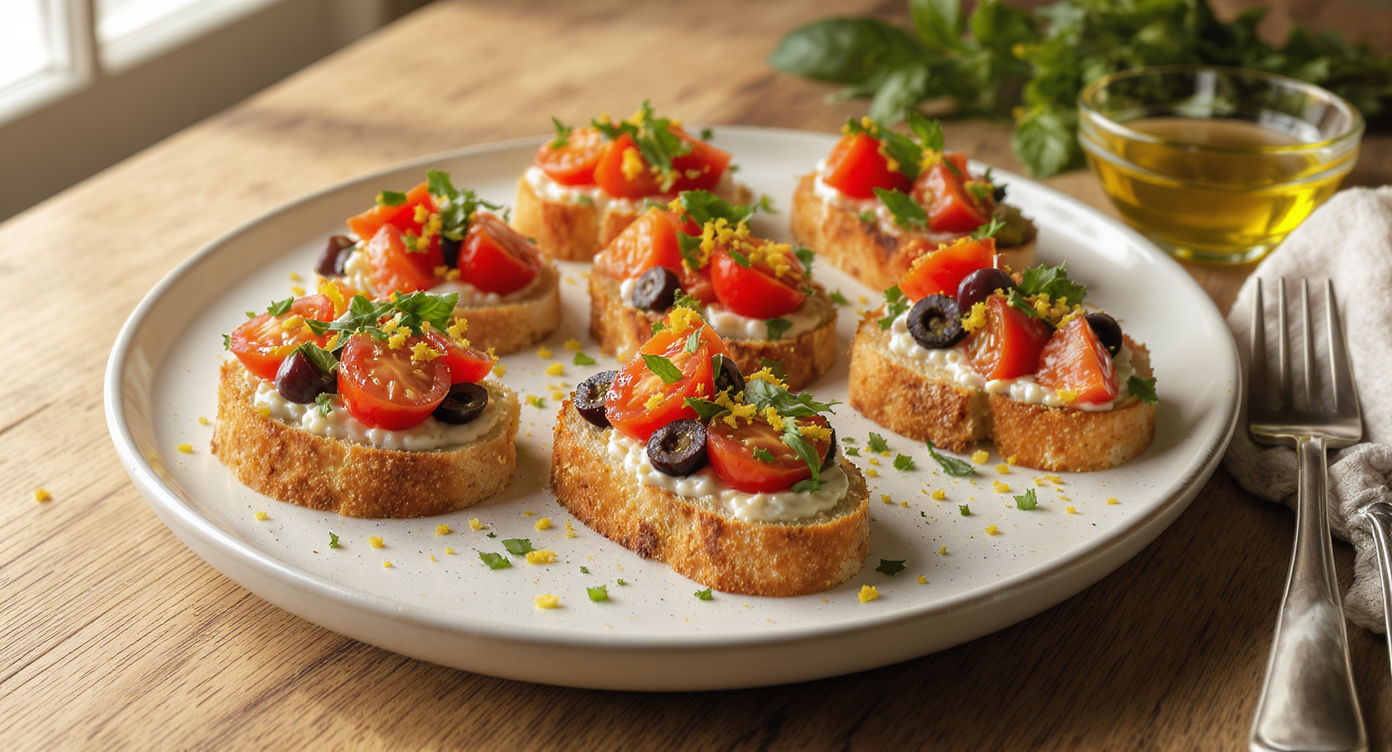 Vegan Tomato, Olive & Basil Crostini