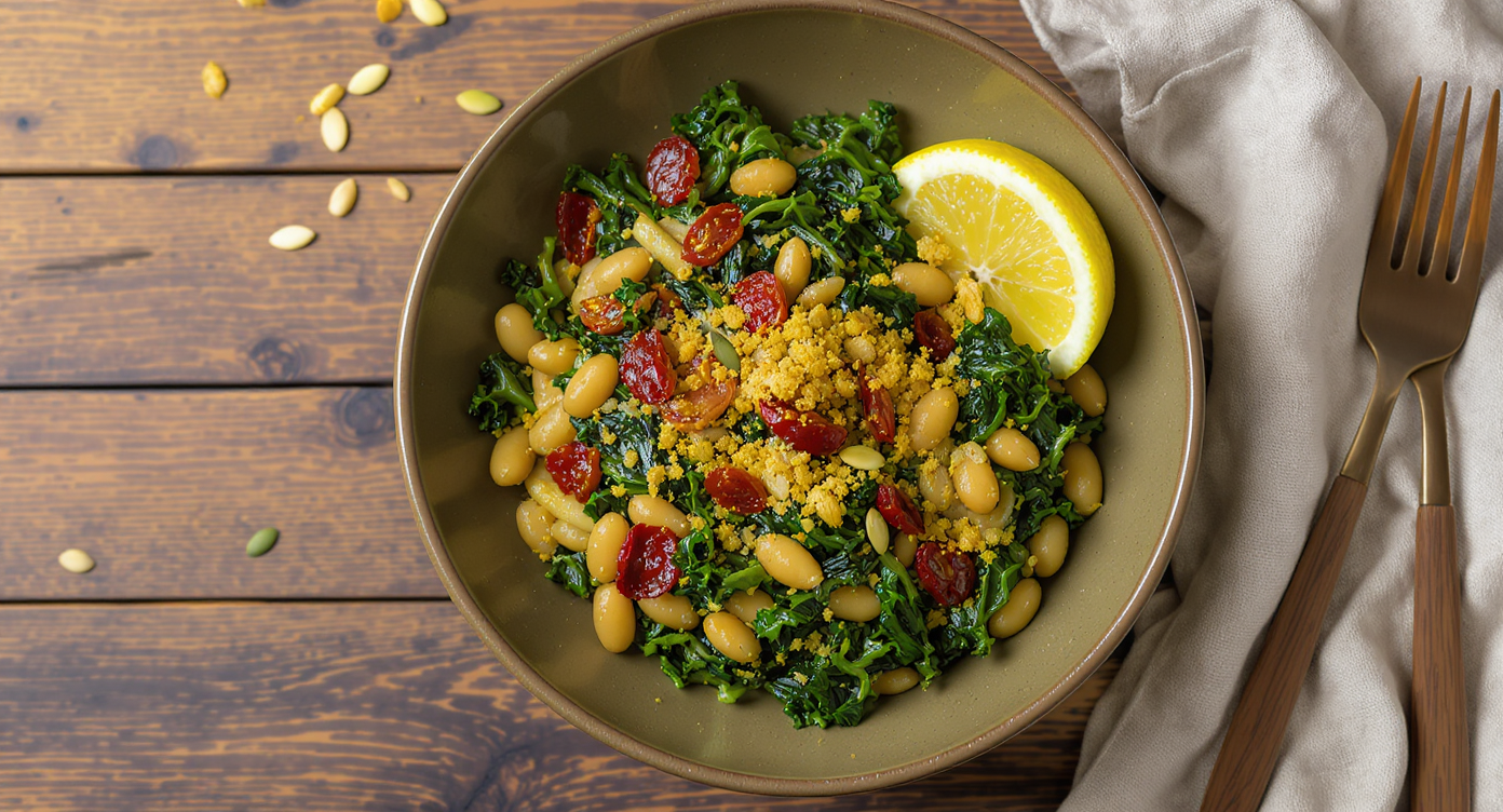 Braised Kale with Cannellini Beans & Sun-Dried Tomatoes