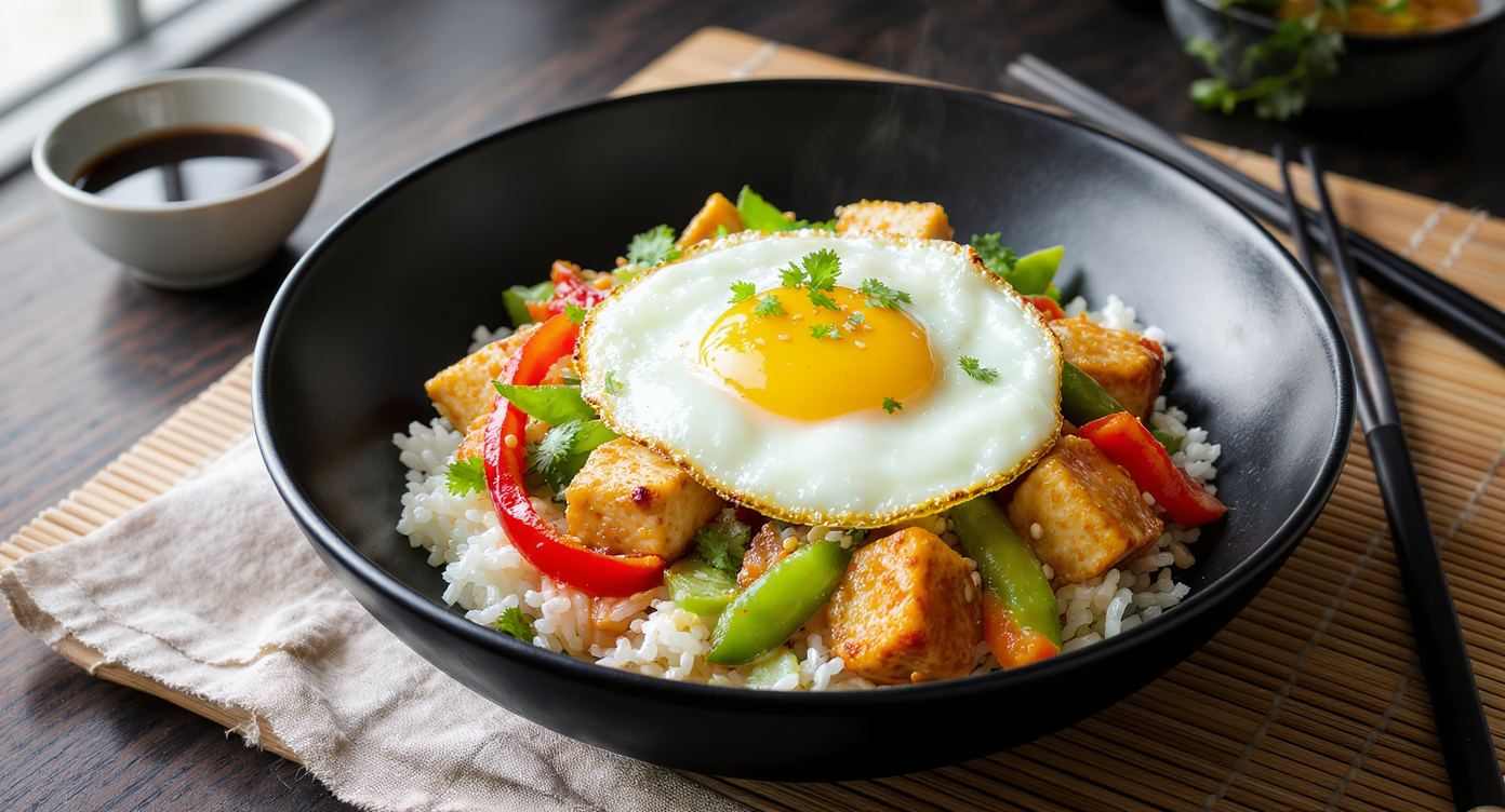 Sunflower Satay Tofu with Fried Egg