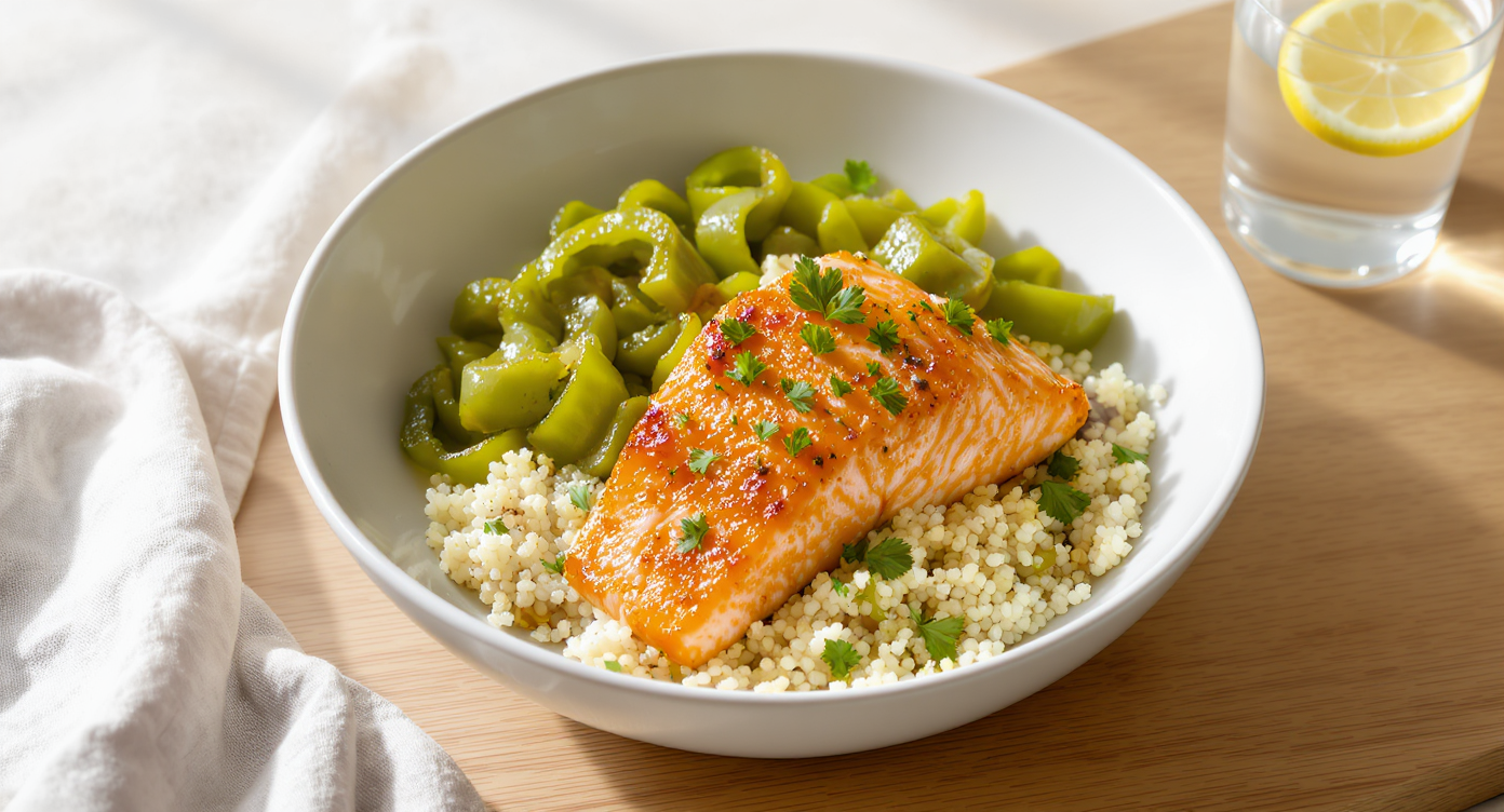 Lemon-Paprika Salmon with Sautéed Green Peppers & Quinoa