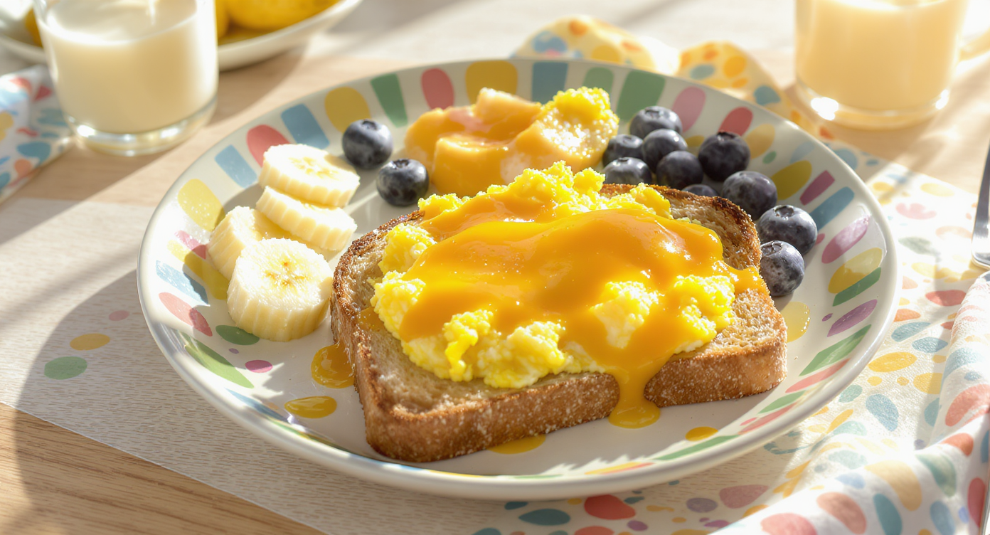 Cheesy Scrambled Egg Toast with Fruit