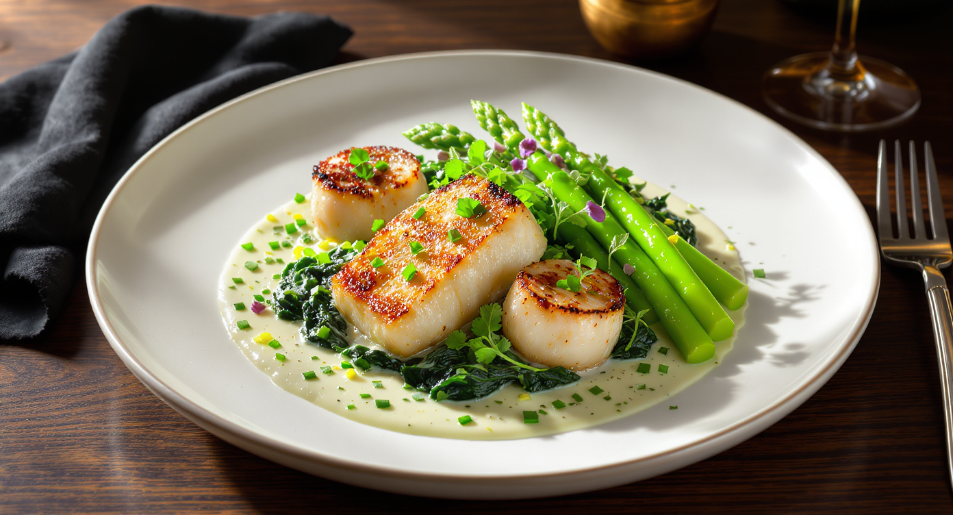 Eric Ripert-Inspired Sea Bass & Scallops with Herb Cream, Asparagus, and Spinach