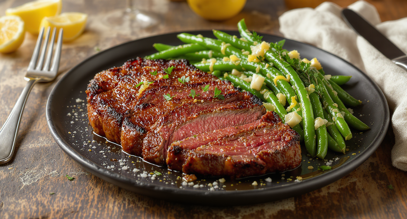 Seared Bison Steak with Garlic Lemon Green Beans