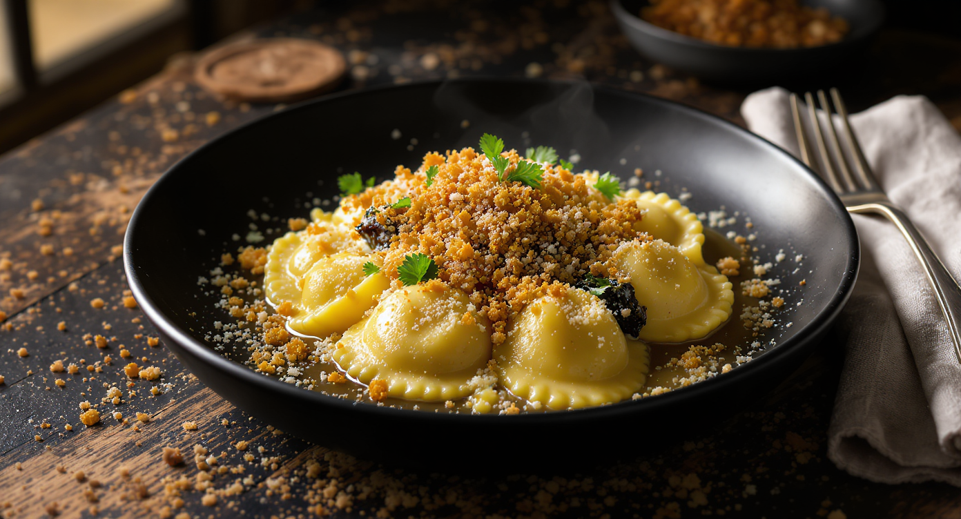 Short Rib & Kale Ravioli with Brown Butter, Crispy Breadcrumbs, and Parmigiano