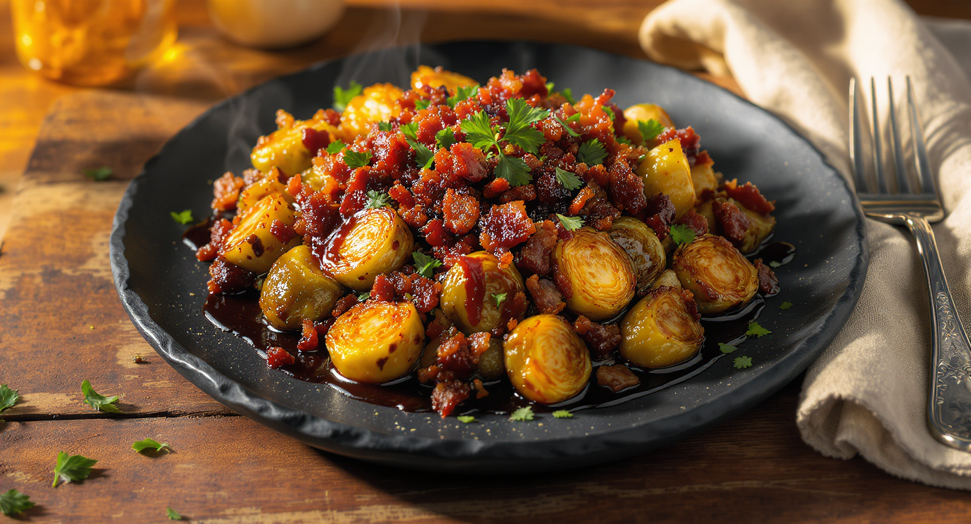 Brussels Sprouts Skillet with Bacon Bits and Balsamic Glaze