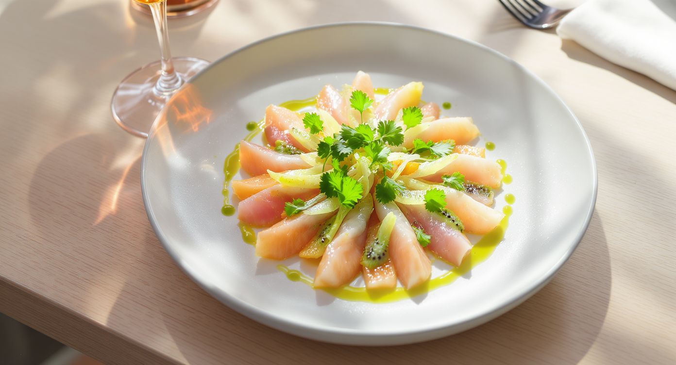 Early Summer Yellowtail Crudo with Kiwi, Fermented Leeks & Green Zhoug