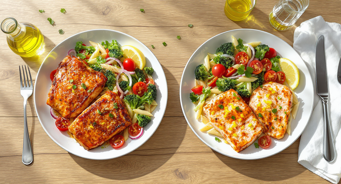 Build-Your-Own Protein Dinner: Lemon-Garlic Salmon or Paprika Chicken with Mediterranean Pasta & Veggies