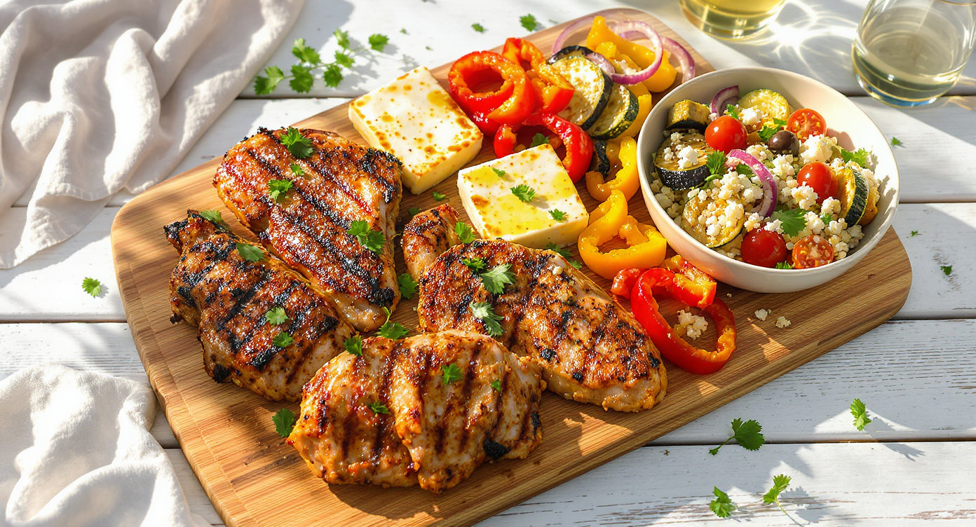 Summer Grill Platter with Marinated Chicken, Halloumi, and Mediterranean Farro Salad