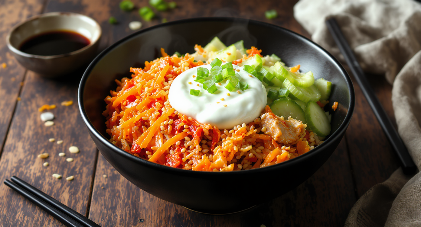 Kimchi Chicken Rice Bowl with Greek Yogurt