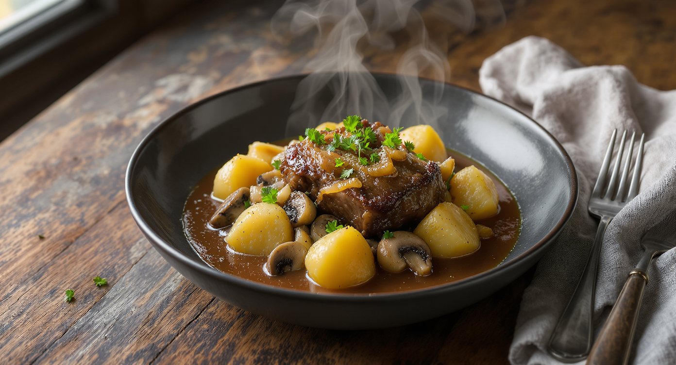 Syrah-Braised Short Ribs with Mushrooms & Baby Potatoes