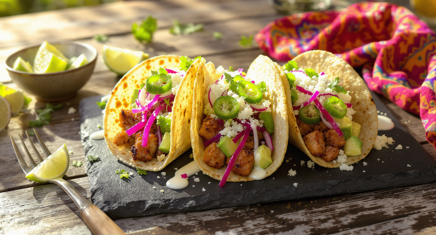 Smoky Citrus Pork Tacos with Cotija, Avocado & Pickled Onion
