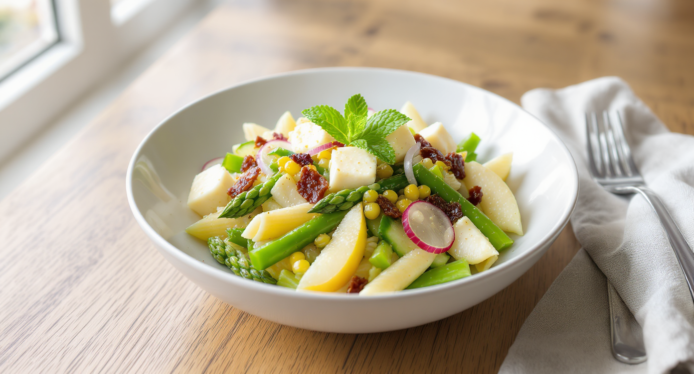 Spring Pasta Salad with Asparagus, Pear & Creamy Cheese