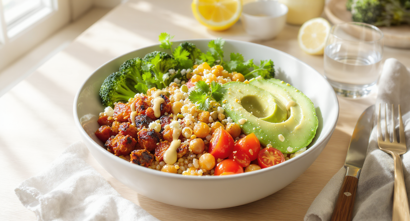 California-Inspired Farro Grain Bowl with Smoky Chickpeas & Lemon-Tahini Drizzle
