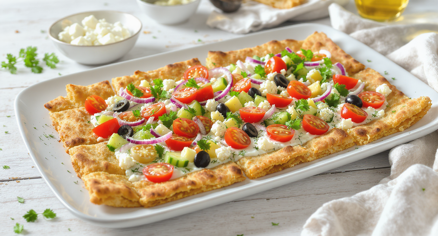 Mediterranean Chickpea Flatbread with Greek Yogurt and Veggie Topping