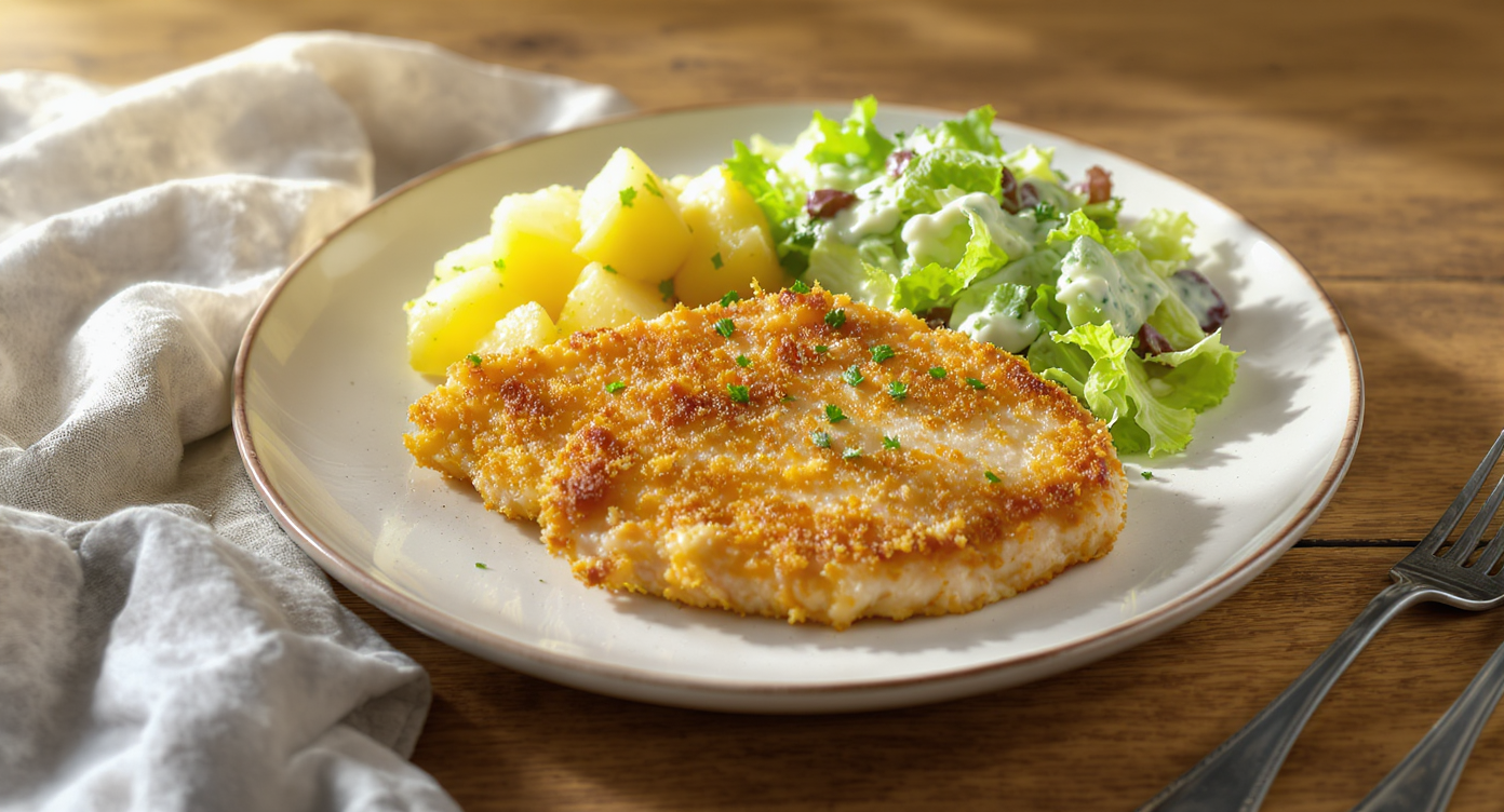 Crispy Pork Schnitzel with Buttered Potatoes & Creamy Salad