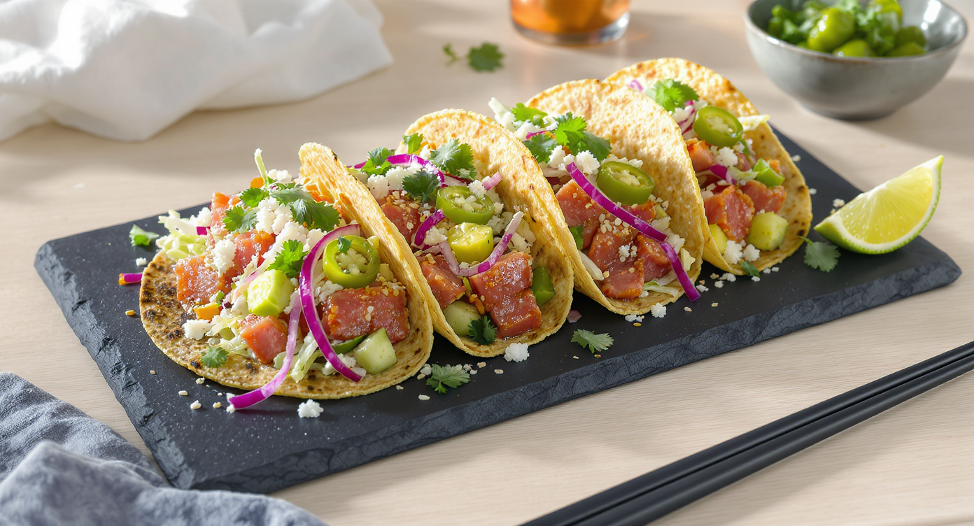Tuna Poke Street Tacos with Queso Fresco & Sesame