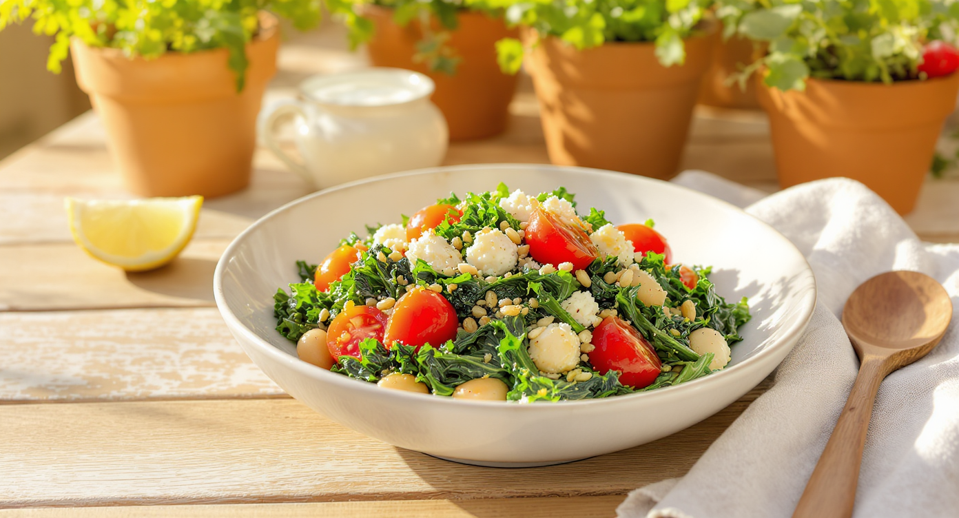Mediterranean Kale Sauté with Cannellini Beans, Feta & Pine Nuts