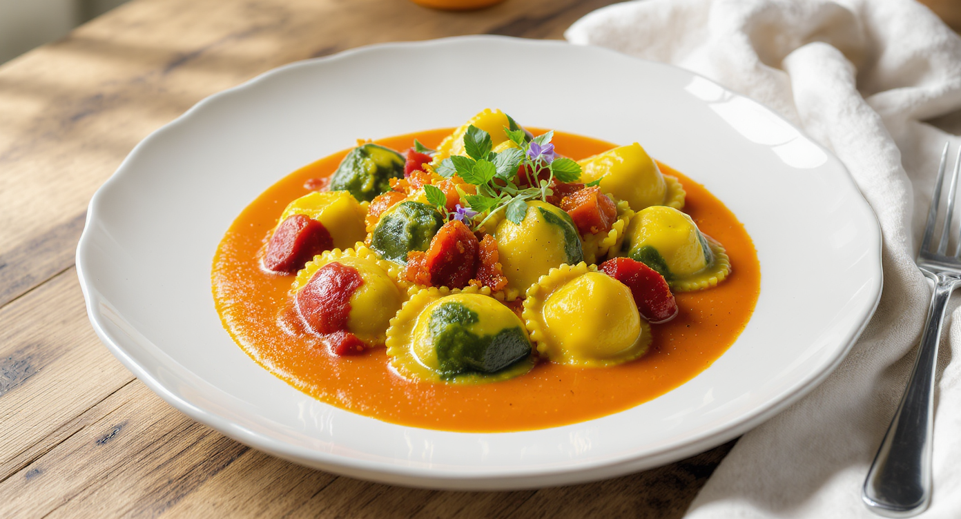 Venetian Rainbow Ravioli with Lemon-Basil Ricotta and Roasted Pepper Sauce