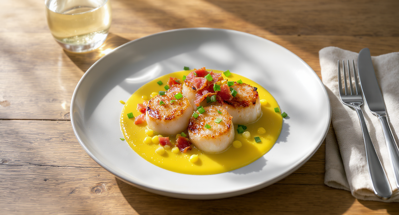 Seared Scallops with Crispy Pancetta and Corn-Chive Pan Sauce