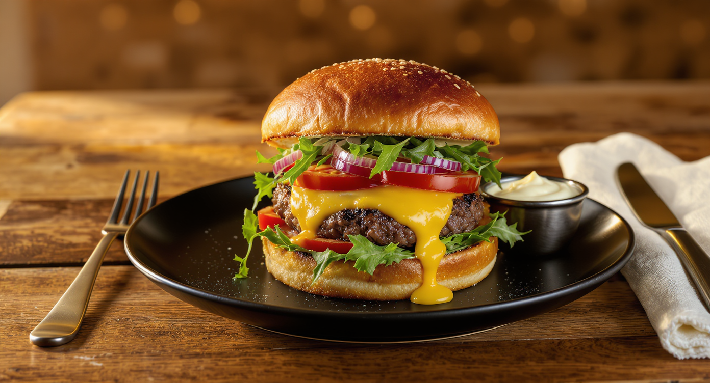 Brioche Bun Classic Cheeseburger with Arugula & Dijon Mayo