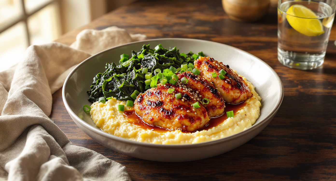 Crispy Soy-Glazed Chicken Thighs with Creamy Grits & Collard Greens