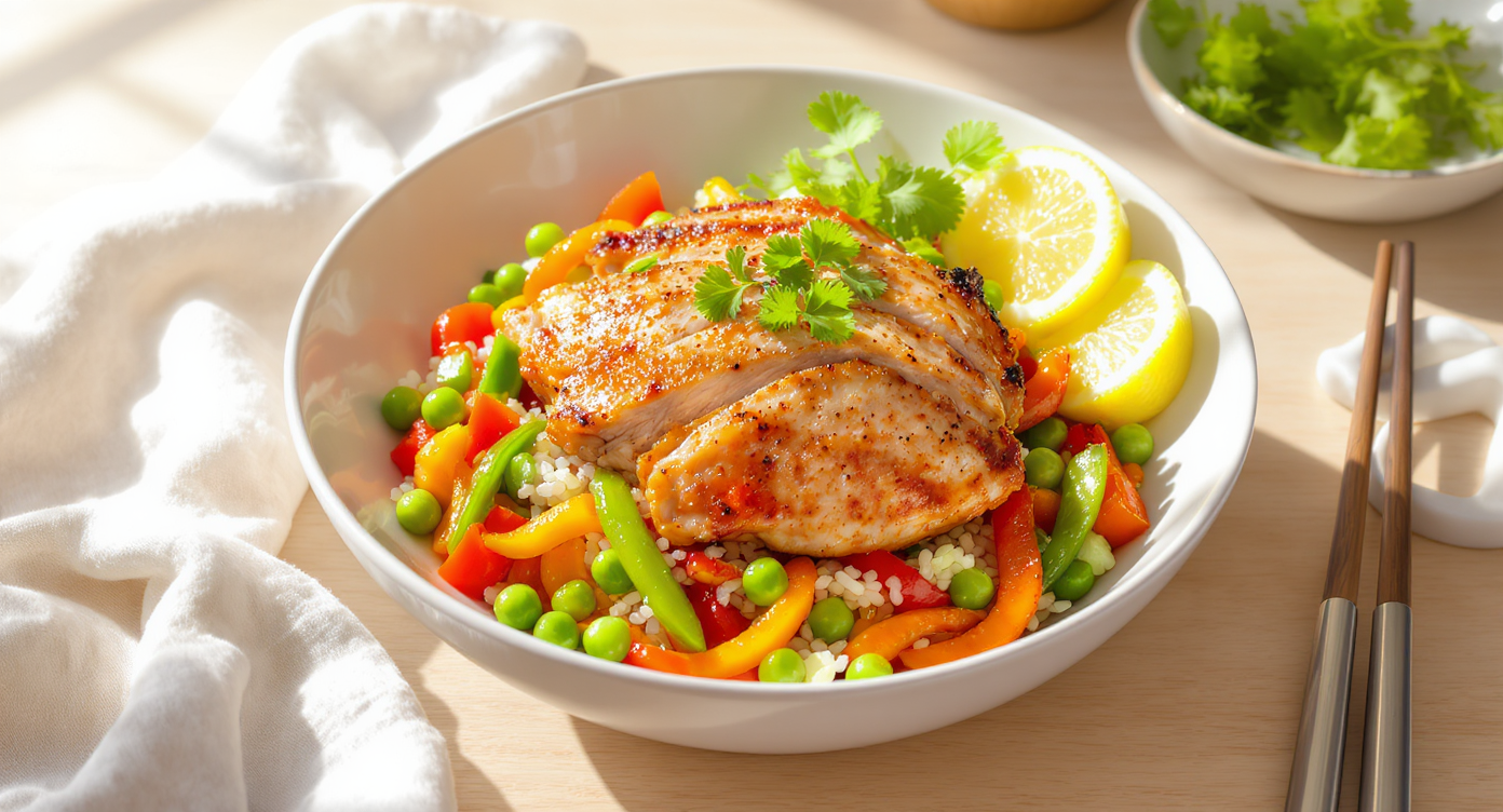 Ginger-Garlic Chicken Thighs with Veggie Rice Bowl