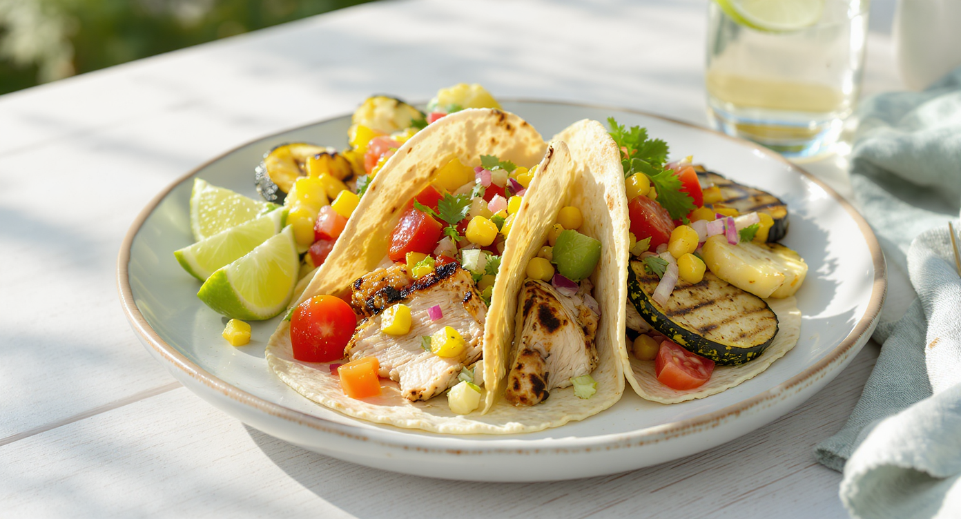 Charred Chicken Tacos with Summer Salsa & Grilled Squash