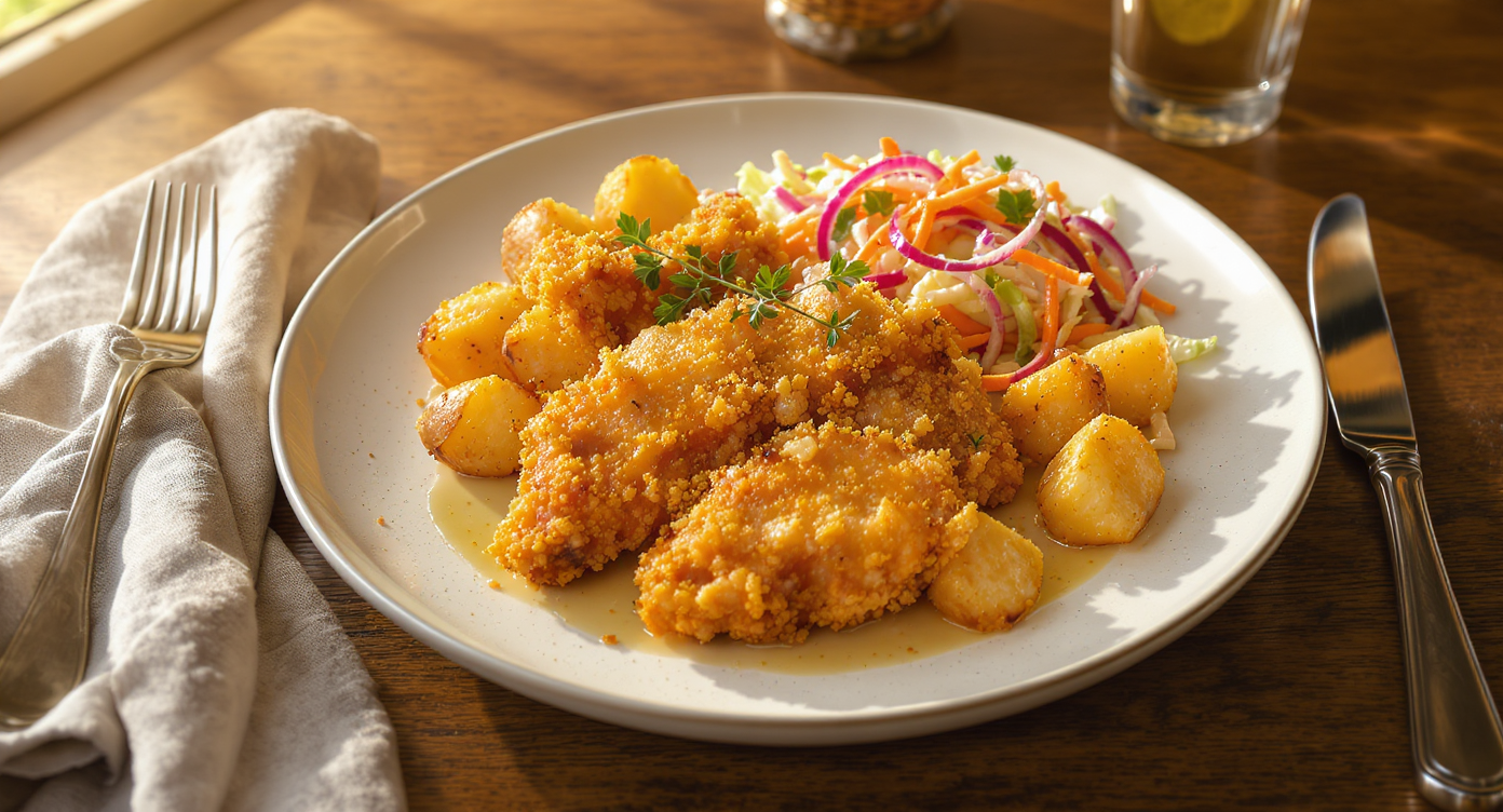 Buttermilk-Brined Oven Fried Chicken with Coleslaw & Roasted Summer Potatoes