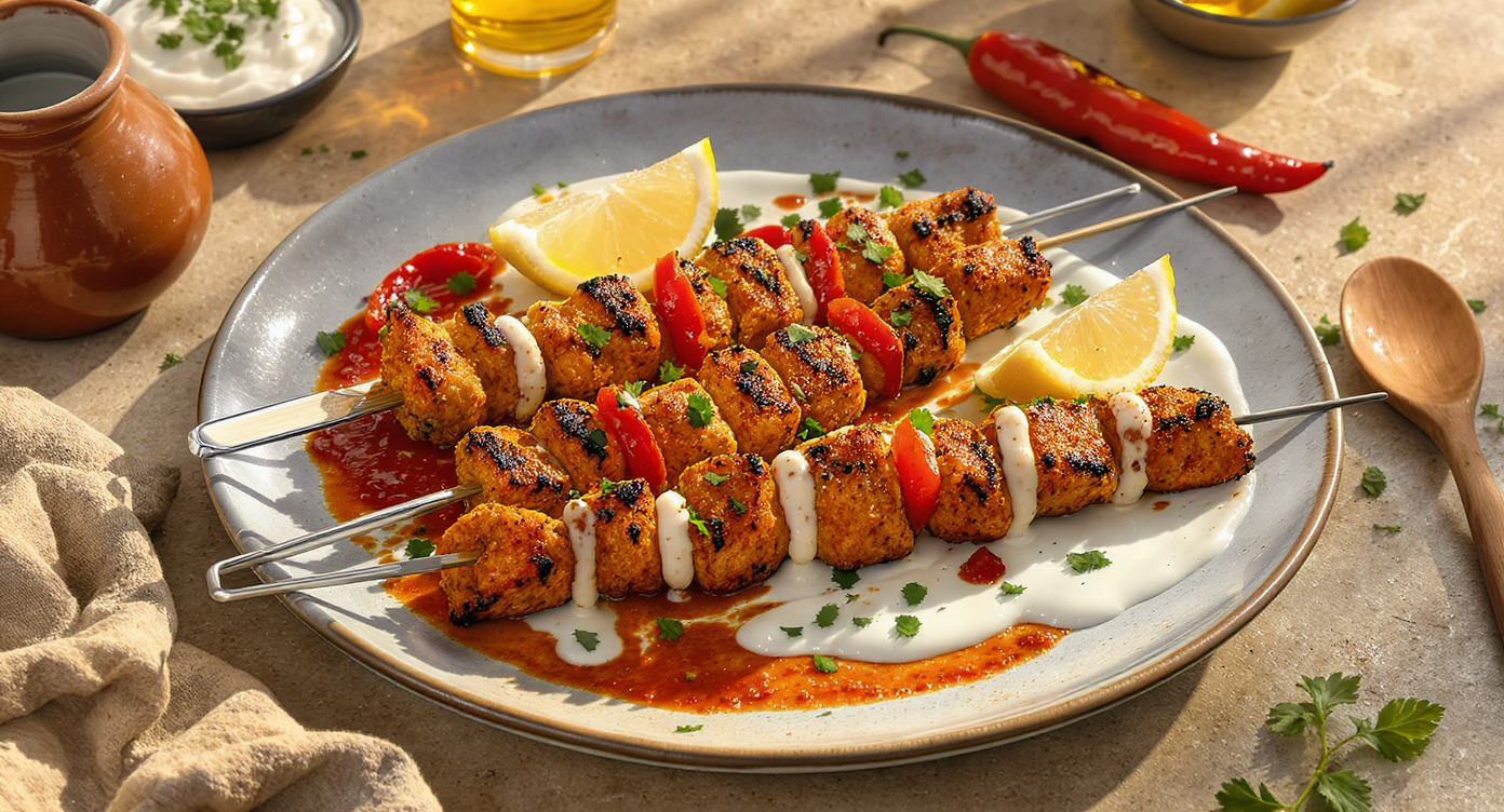 Spicy Harissa Grilled Chicken Skewers with Cooling Yogurt Sauce and Charred Pepper Salad