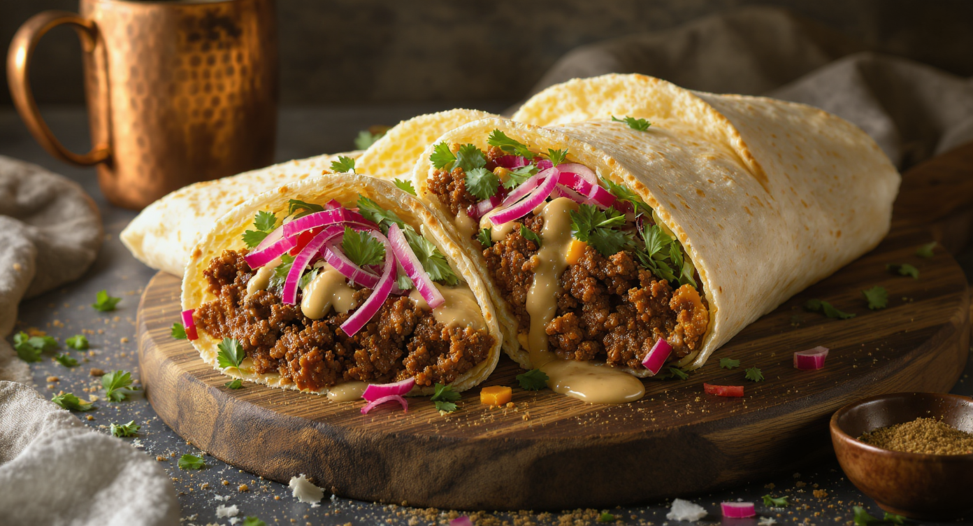 Saharan Spiced Beef Kofta Wraps with Tahini-Yogurt Sauce & Cucumber-Tomato Salad