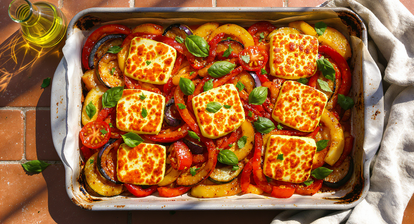 Provençal Ratatouille & Halloumi Sheet Pan Bake