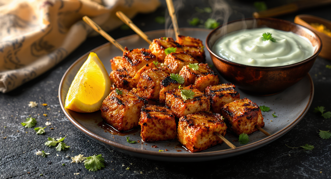 Paneer Tikka Cubes with Mint Yogurt Dip