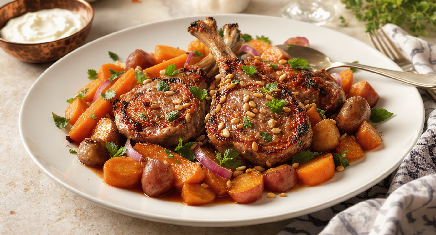 Middle Eastern Sheet Pan Spiced Lamb & Veggies with Labneh & Za’atar