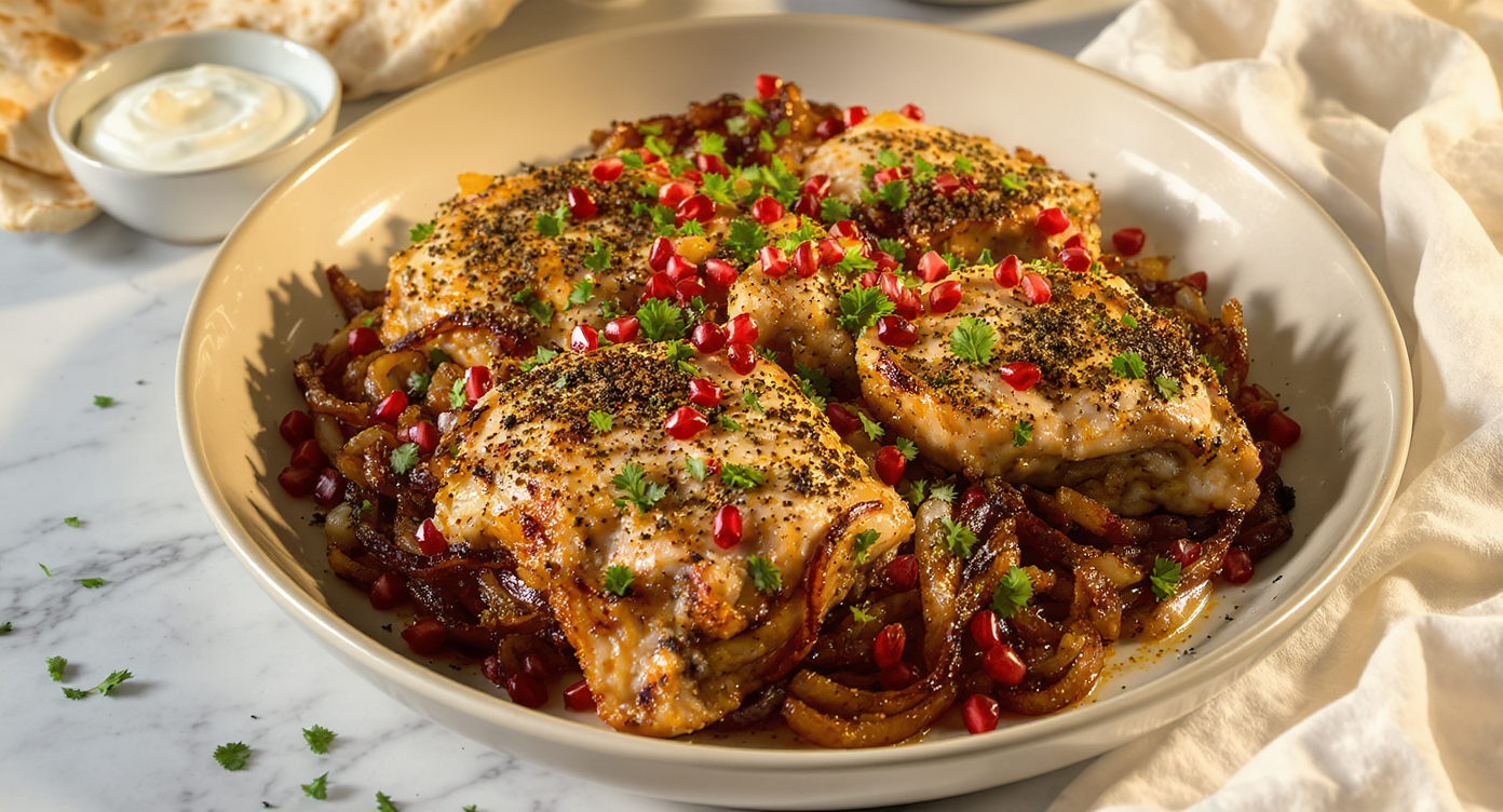 Za’atar Roasted Chicken Thighs with Sumac Onions, Pomegranate & Yogurt-Cucumber Dip