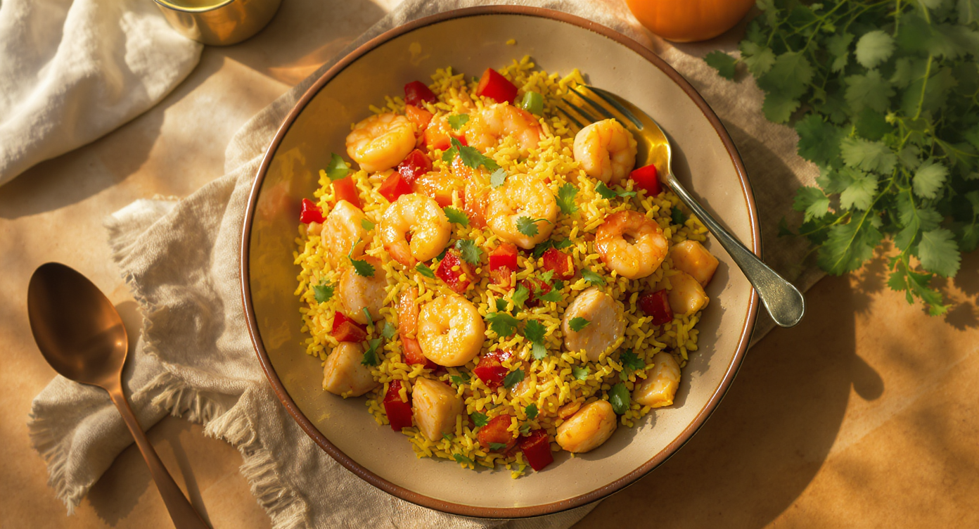 Sunny California Paella with Shrimp, Salmon, and Chicken