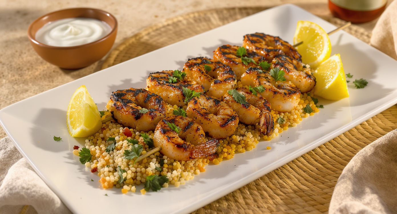 Grilled Harissa Shrimp Skewers with Herbed Couscous & Yogurt-Tahini Sauce
