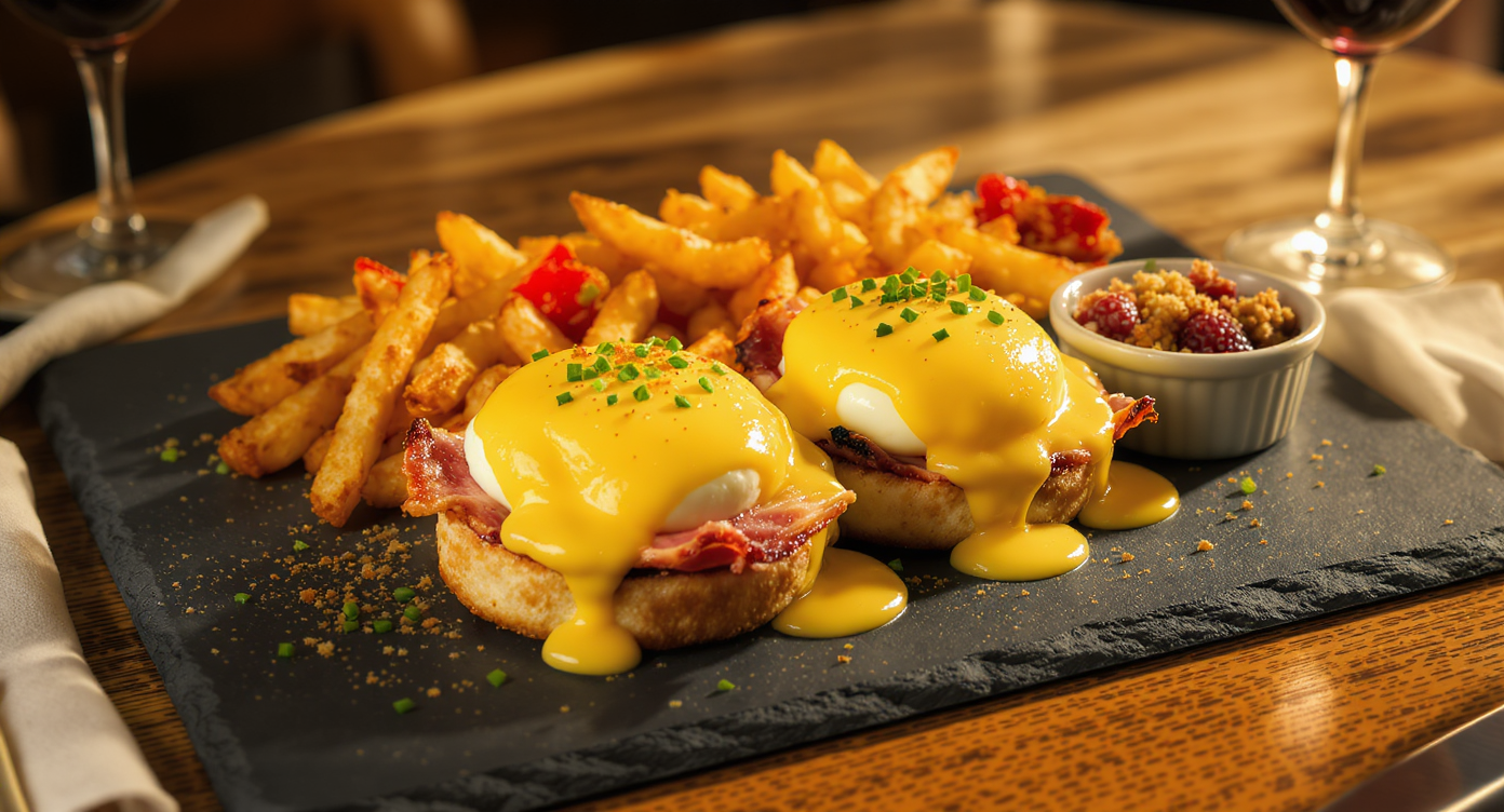 California Classic Eggs Benedict with Home Fries and Berry Crumble