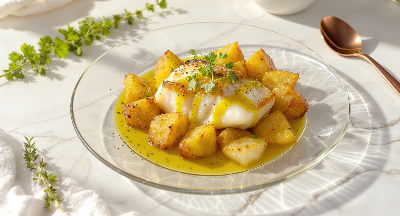 Crispy Cod Fillets with Olive Oil Roasted Potatoes & Lemon Herb Vinaigrette